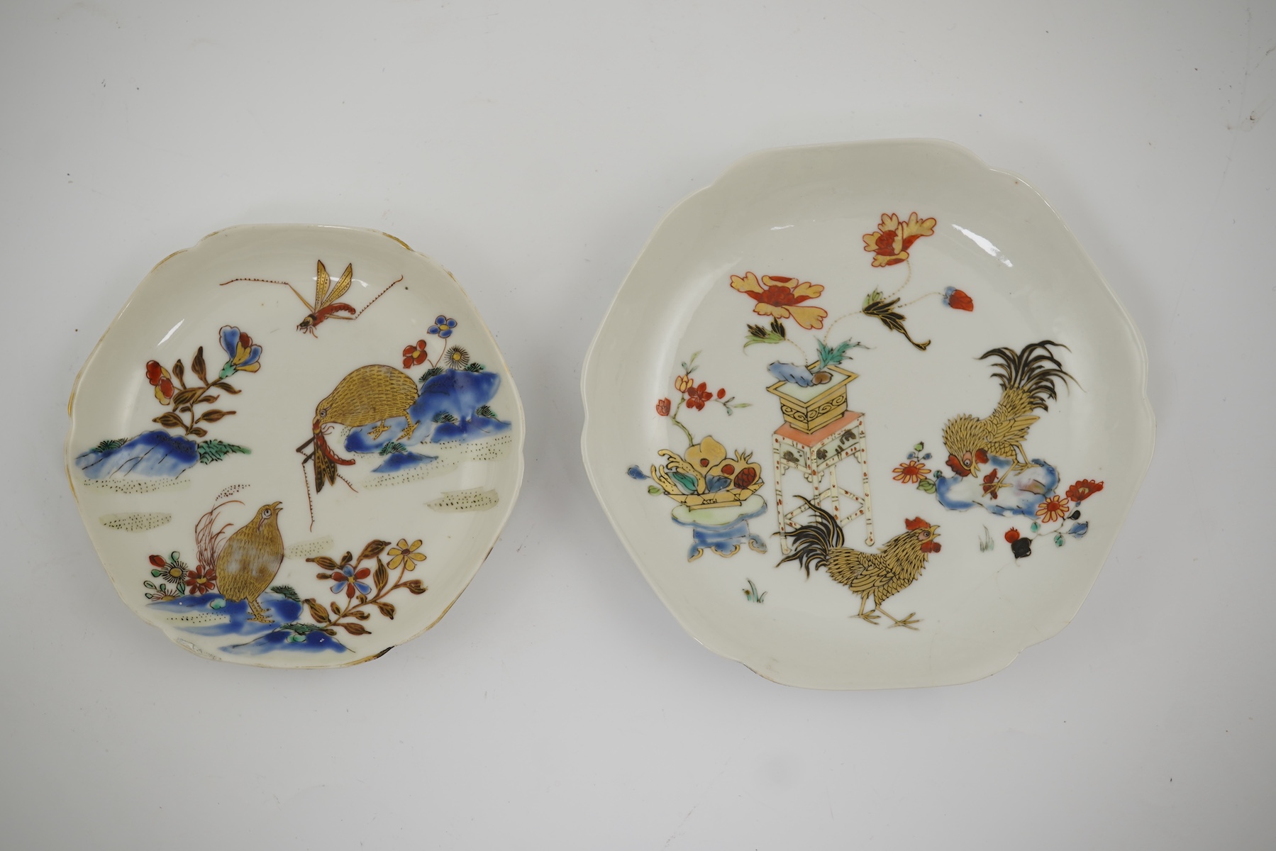 Two Chinese semi-eggshell porcelain hexagonal saucers and a similar cup, Yongzheng/Qianlong period